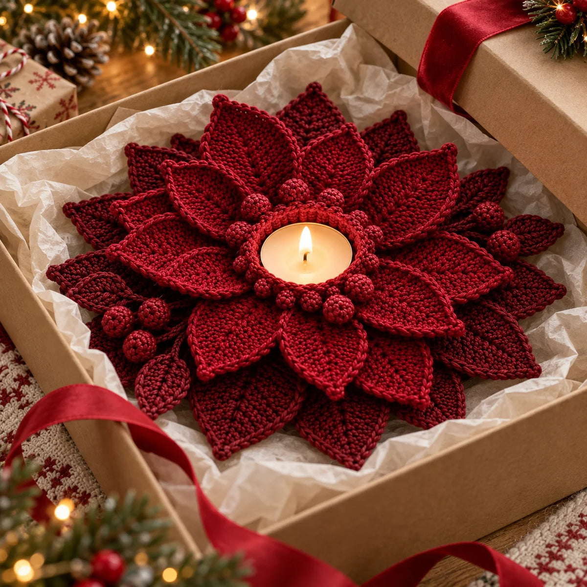 Crochet Poinsettia Tealight Holder Pattern - Christmas Table Decor