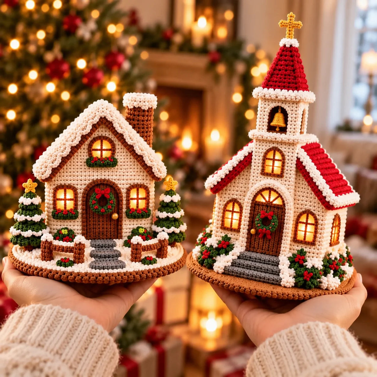 Crochet Christmas Village Pattern Set - House, Church & Trees