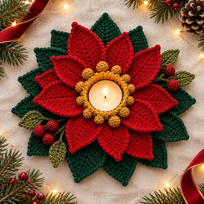 Crochet Poinsettia Tealight Holder Pattern - Christmas Table Decor