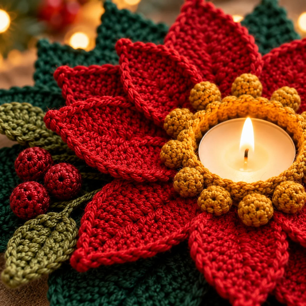Crochet Poinsettia Tealight Holder Pattern - Christmas Table Decor