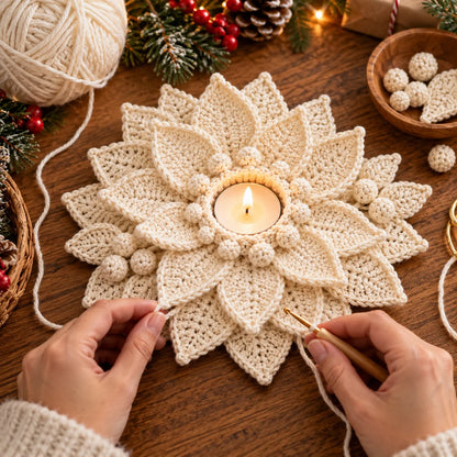 Crochet Poinsettia Tealight Holder Pattern - Christmas Table Decor