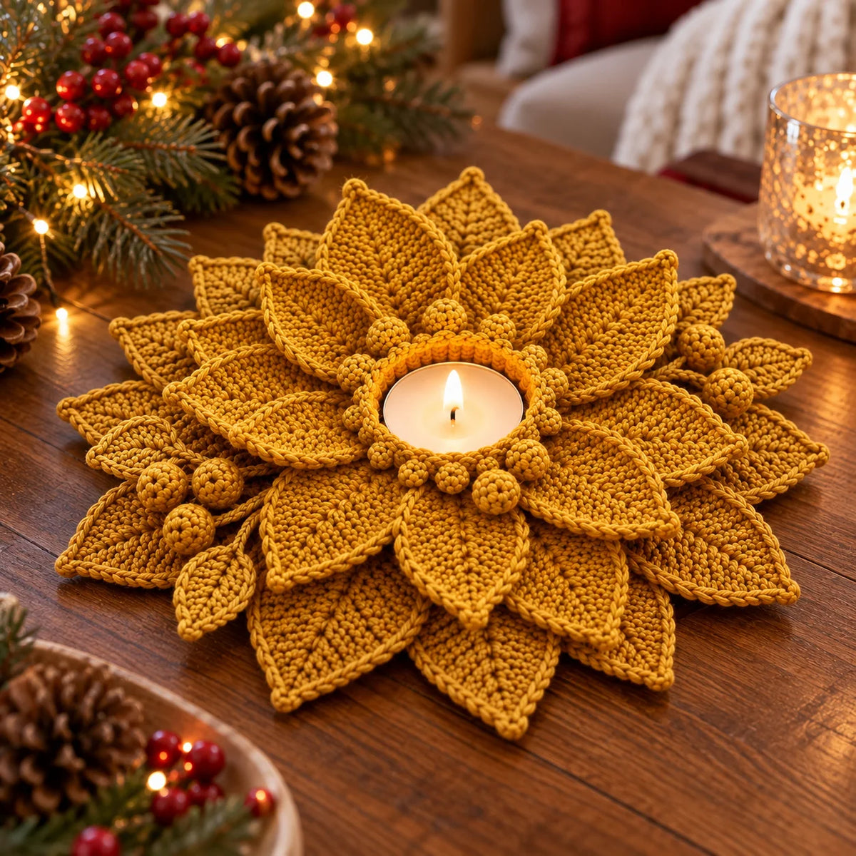 Crochet Poinsettia Tealight Holder Pattern - Christmas Table Decor