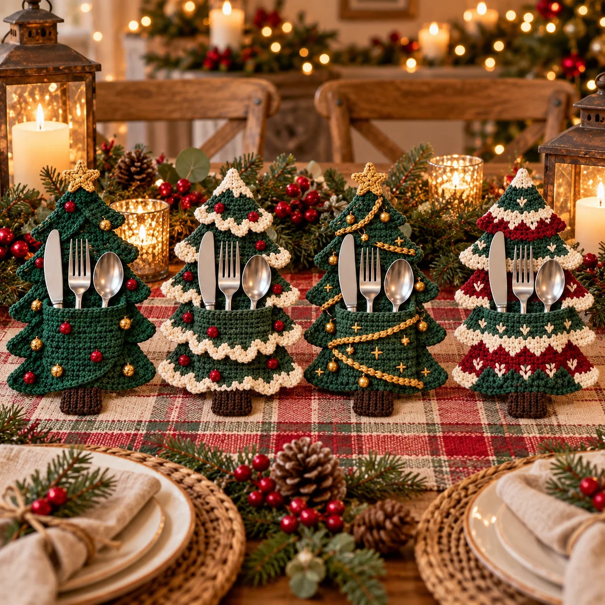Crochet Christmas Tree Cutlery Holder Pattern Set - 4 Designs