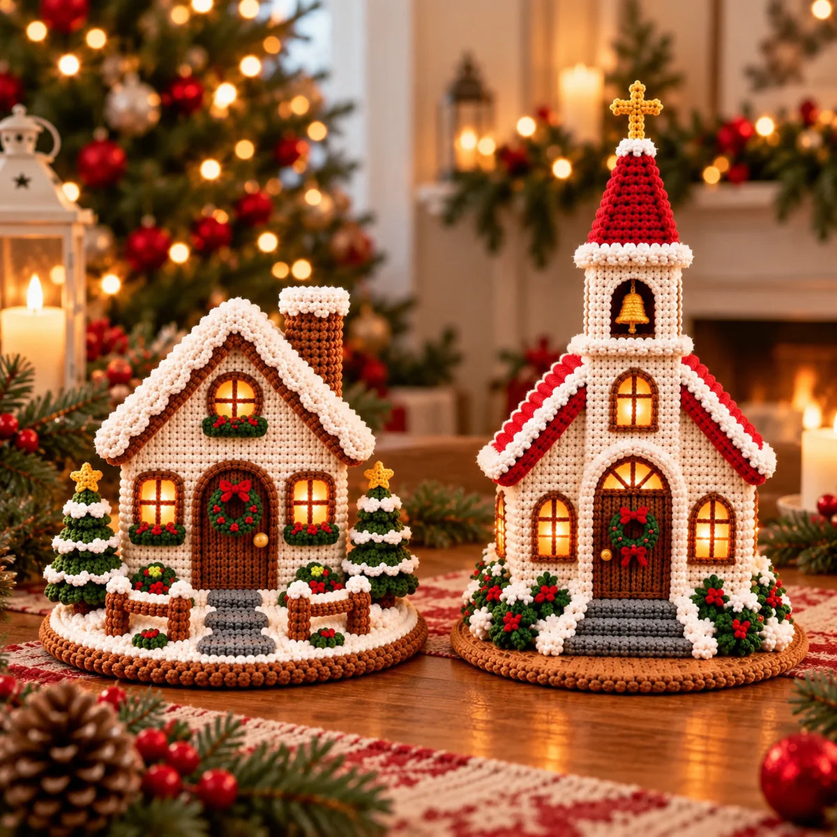 Crochet Christmas Village Pattern Set - House, Church & Trees
