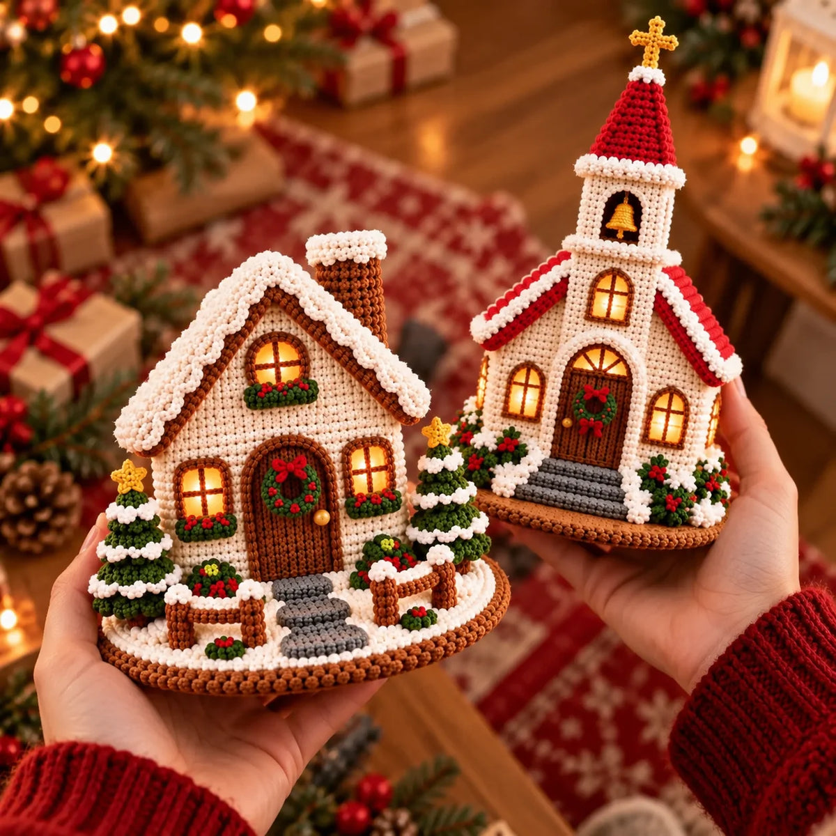 Crochet Christmas Village Pattern Set - House, Church & Trees