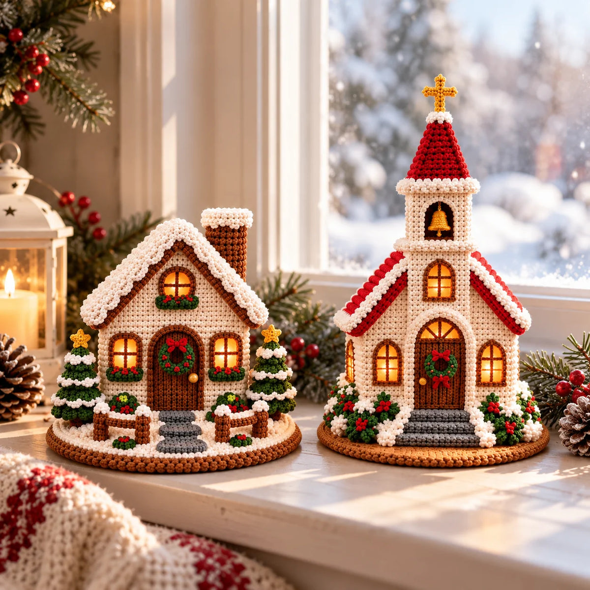 Crochet Christmas Village Pattern Set - House, Church & Trees