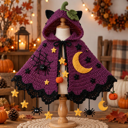 Pumpkin Moon Crochet Cape Pattern – Kids Halloween Hooded Cape