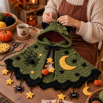 Pumpkin Moon Crochet Cape Pattern – Kids Halloween Hooded Cape