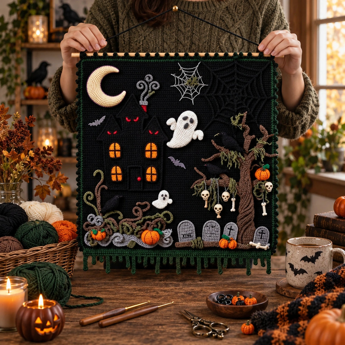 Haunted Hollow Crochet Wall Hanging Pattern – Halloween Tapestry