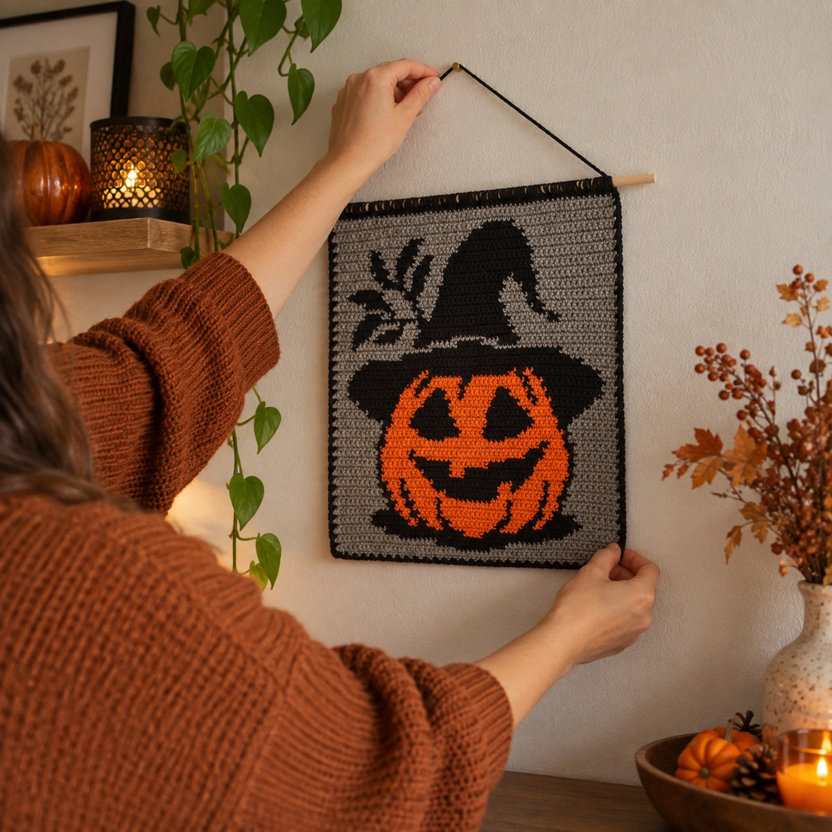Halloween Pumpkin Witch Crochet Tapestry Pattern