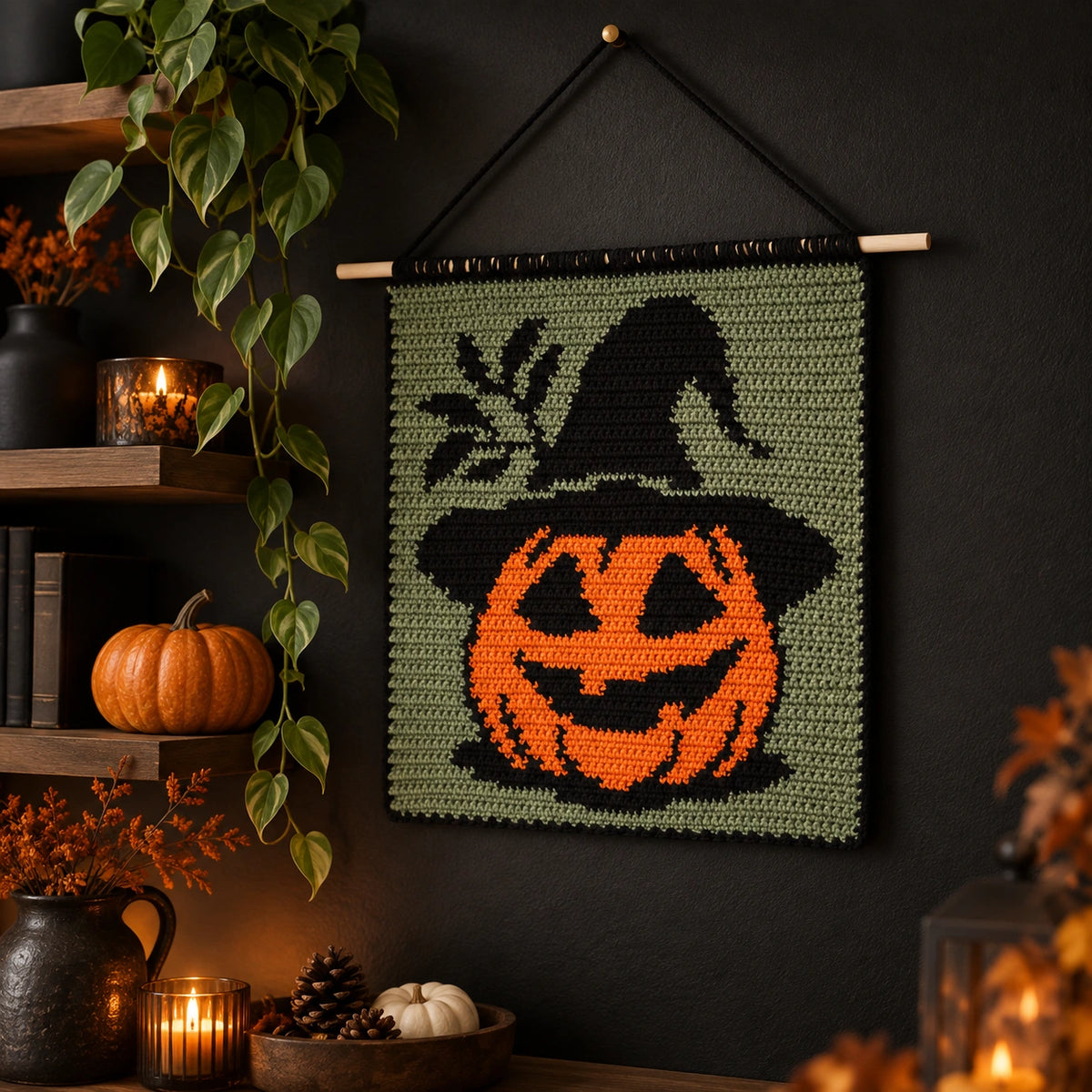 Halloween Pumpkin Witch Crochet Tapestry Pattern