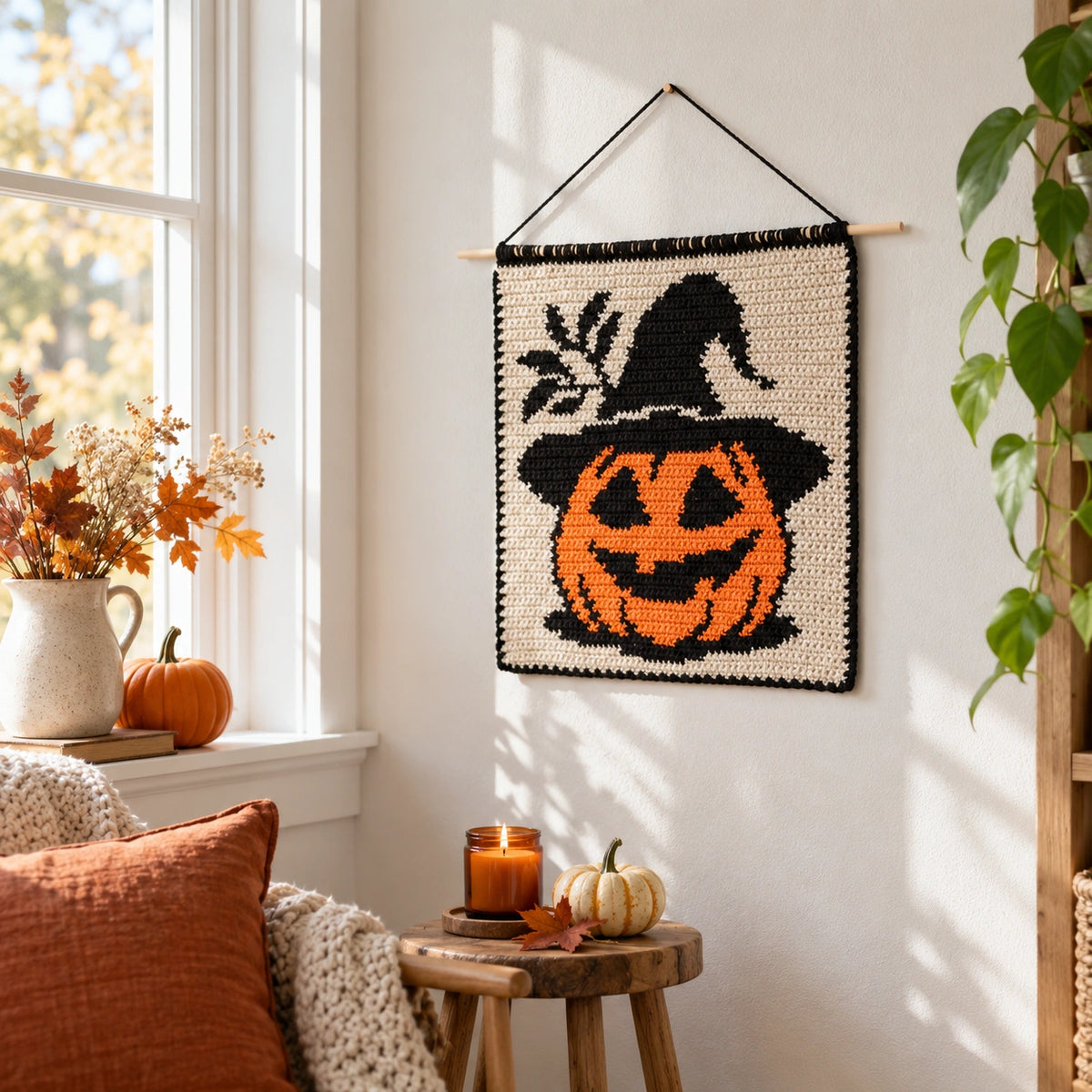 Halloween Pumpkin Witch Crochet Tapestry Pattern