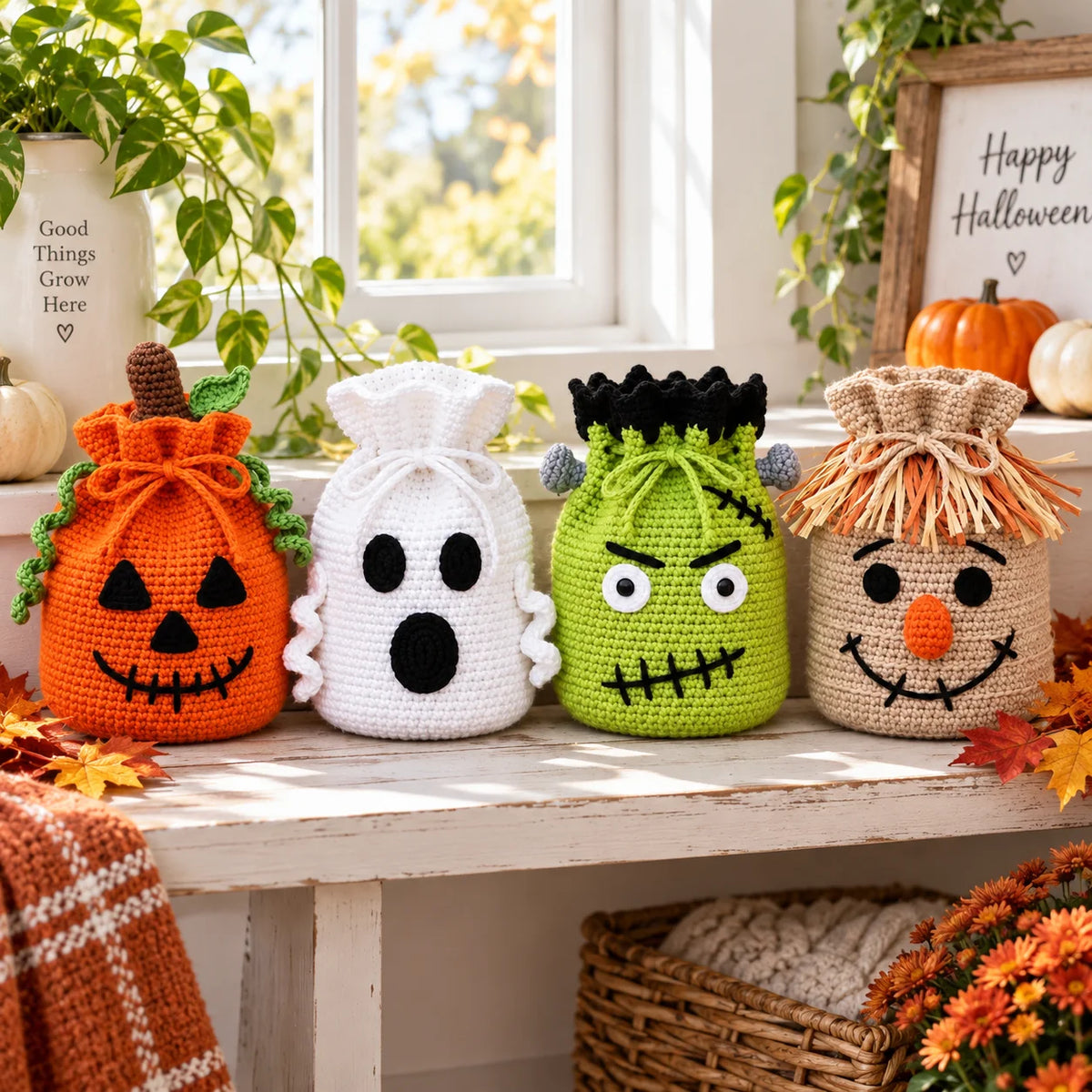 Crochet Halloween Treat Bag Pattern Set – 4 Spooky Designs