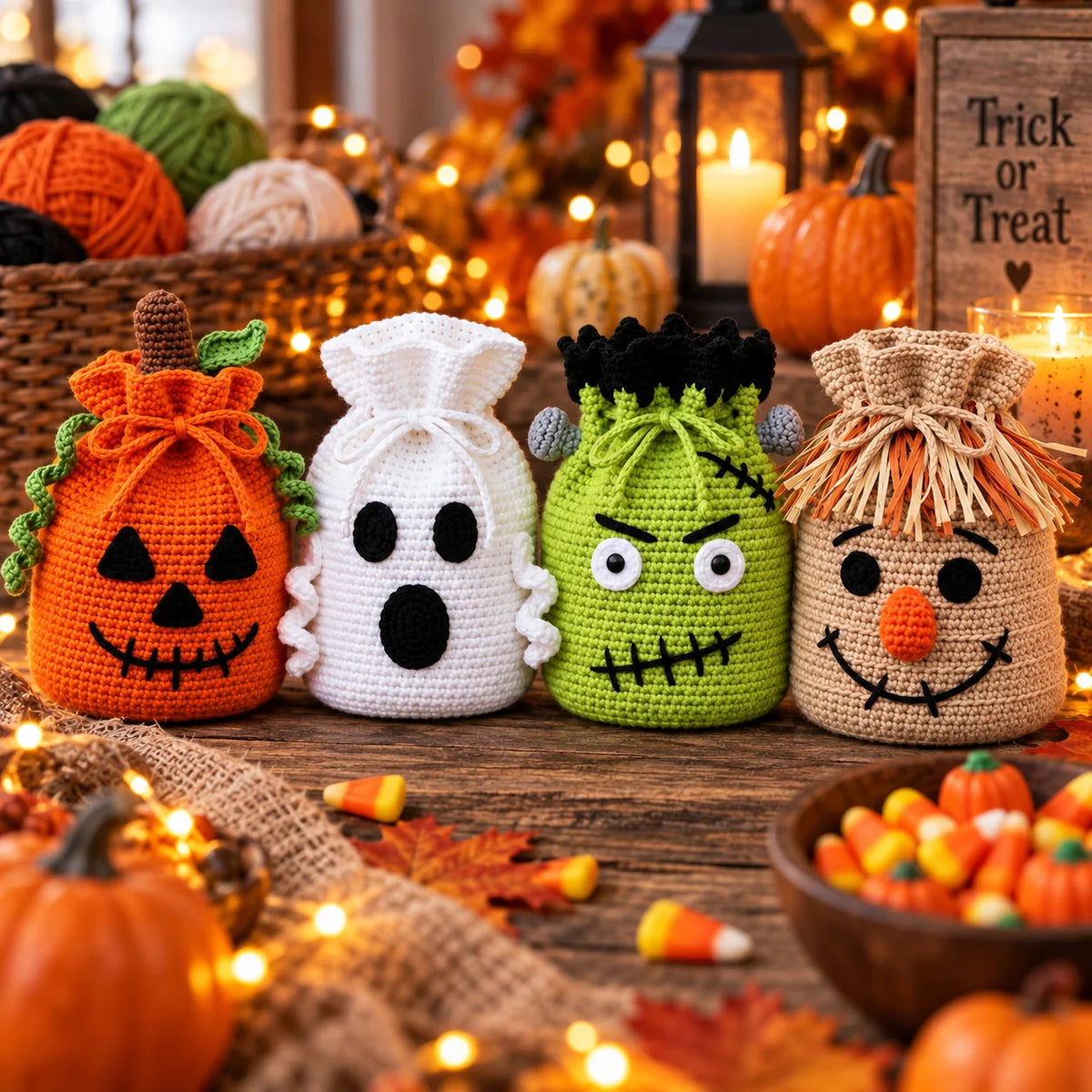 Crochet Halloween Treat Bag Pattern Set – 4 Spooky Designs