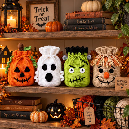 Crochet Halloween Treat Bag Pattern Set – 4 Spooky Designs