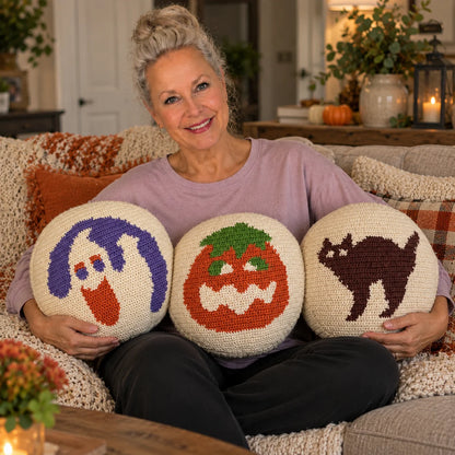 Halloween Crochet Pillow Pattern Set – Cat, Pumpkin & Ghost