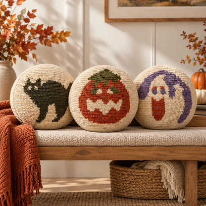 Halloween Crochet Pillow Pattern Set – Cat, Pumpkin & Ghost