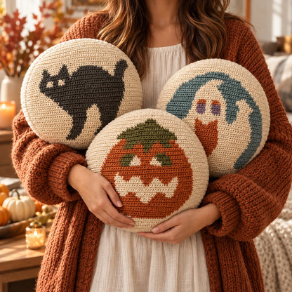 Halloween Crochet Pillow Pattern Set – Cat, Pumpkin & Ghost