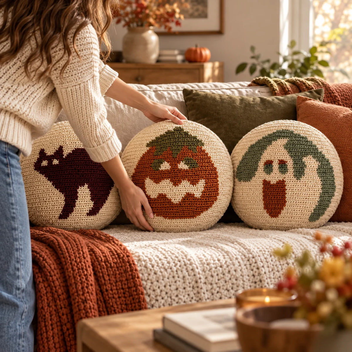 Halloween Crochet Pillow Pattern Set – Cat, Pumpkin & Ghost