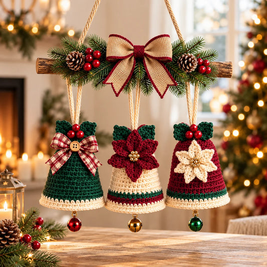 Christmas Crochet Bell Wall Hanging Pattern – Poinsettia & Bow Decor
