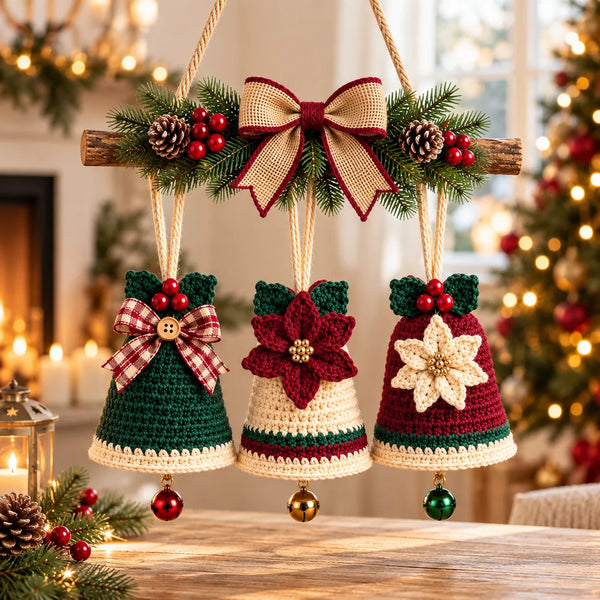 Christmas Crochet Bell Wall Hanging Pattern – Poinsettia & Bow Decor