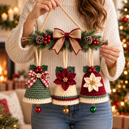 Christmas Crochet Bell Wall Hanging Pattern – Poinsettia & Bow Decor