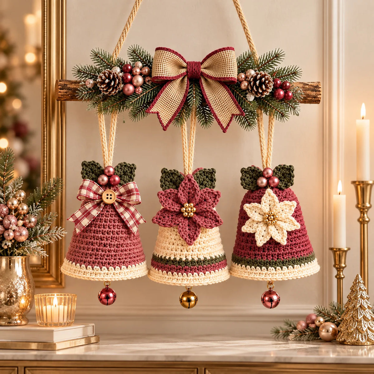 Christmas Crochet Bell Wall Hanging Pattern – Poinsettia & Bow Decor