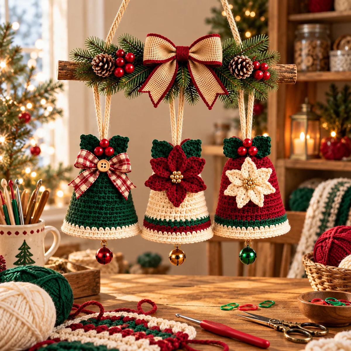Christmas Crochet Bell Wall Hanging Pattern – Poinsettia & Bow Decor