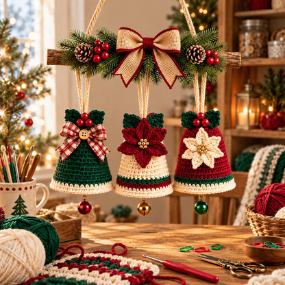 Christmas Crochet Bell Wall Hanging Pattern – Poinsettia & Bow Decor