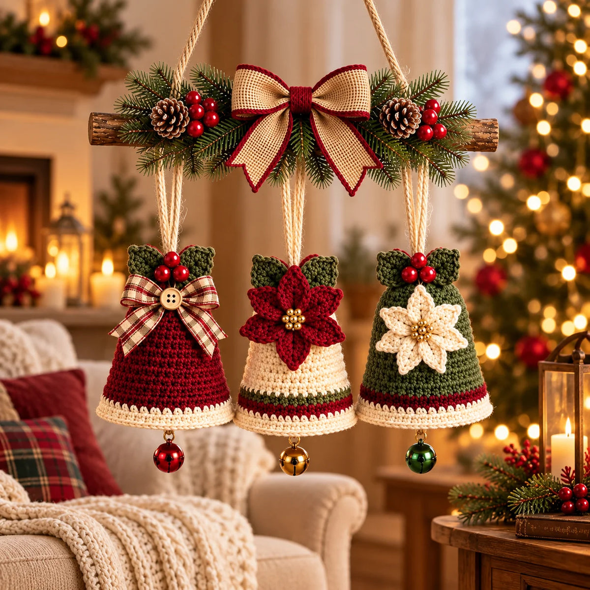 Christmas Crochet Bell Wall Hanging Pattern – Poinsettia & Bow Decor