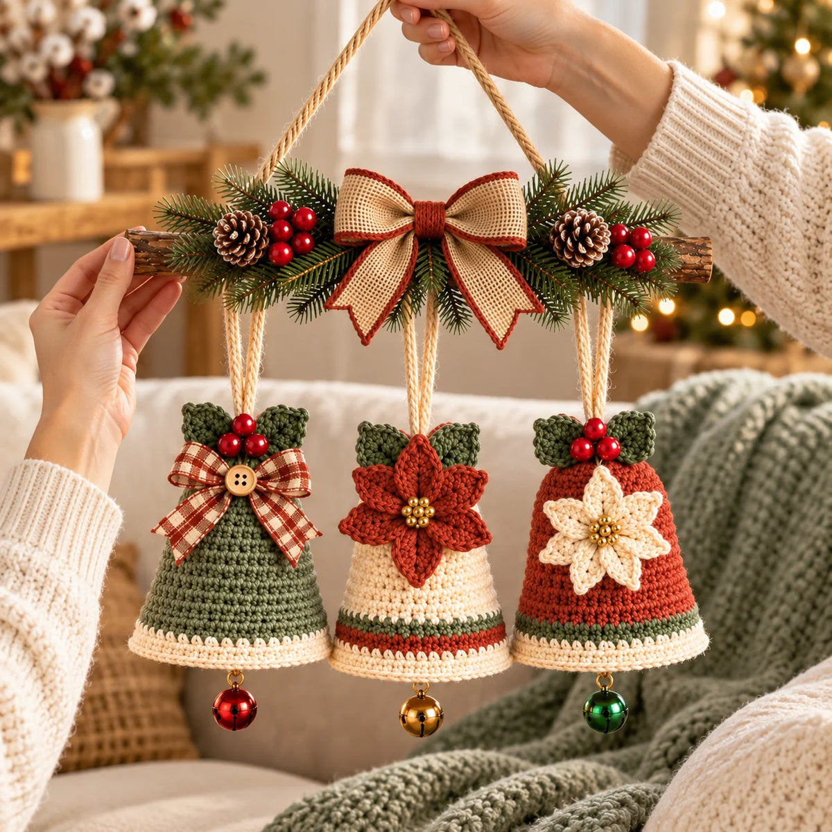 Christmas Crochet Bell Wall Hanging Pattern – Poinsettia & Bow Decor