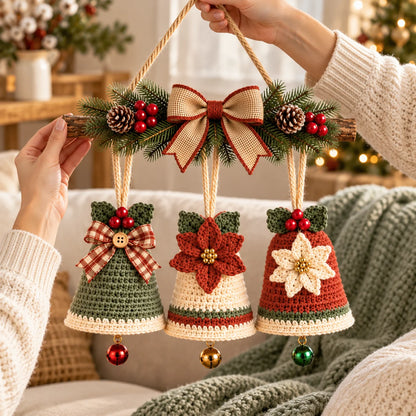 Christmas Crochet Bell Wall Hanging Pattern – Poinsettia & Bow Decor
