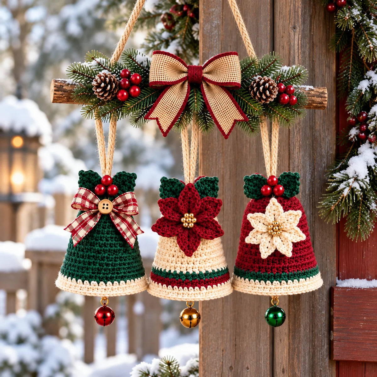 Christmas Crochet Bell Wall Hanging Pattern – Poinsettia & Bow Decor