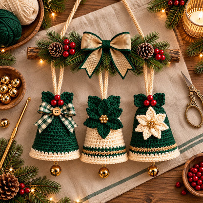 Christmas Crochet Bell Wall Hanging Pattern – Poinsettia & Bow Decor