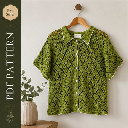 Yolanda Shirt Crochet Pattern - Textured Button-Up PDF, XS-5XL