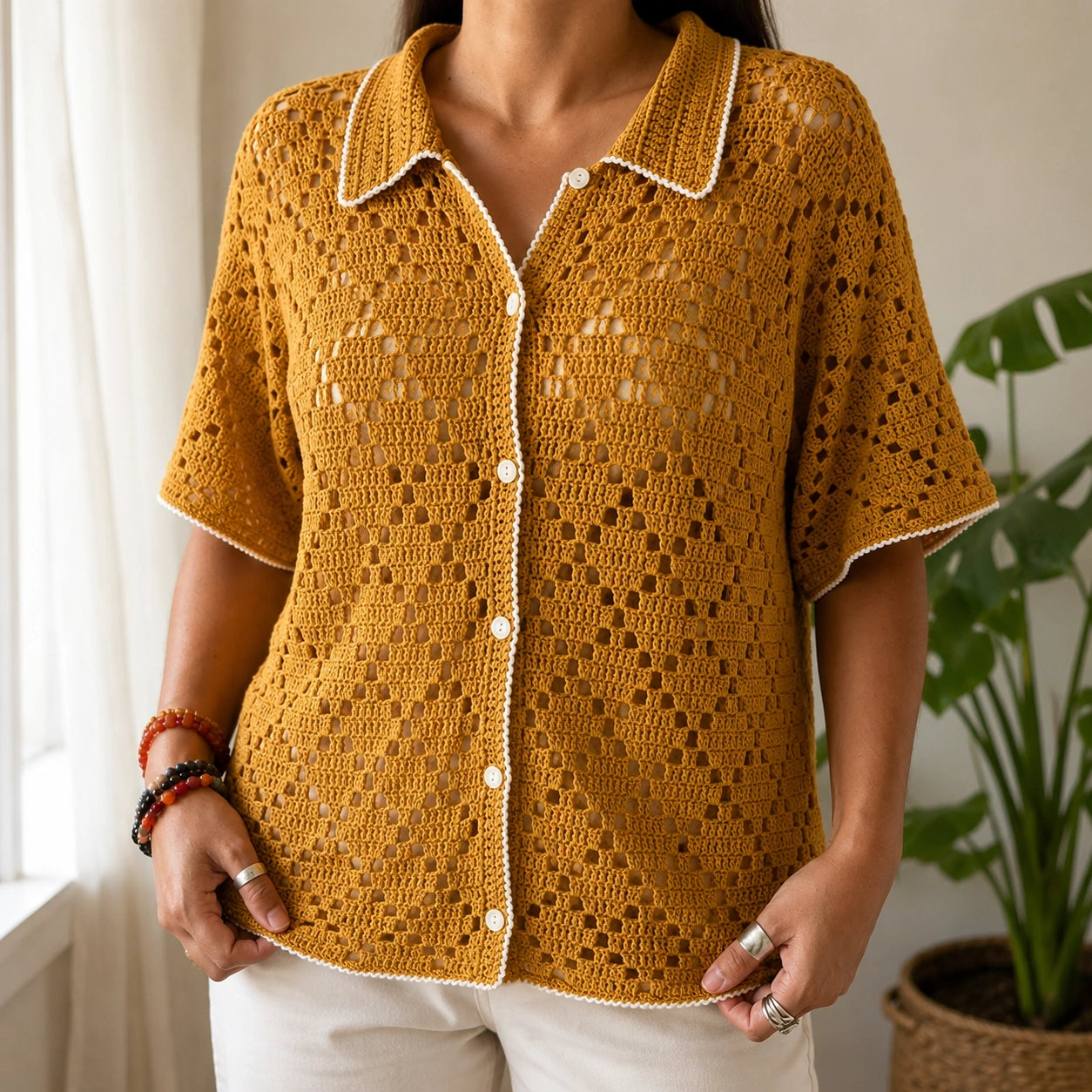 Yolanda Shirt Crochet Pattern - Textured Button-Up PDF, XS-5XL
