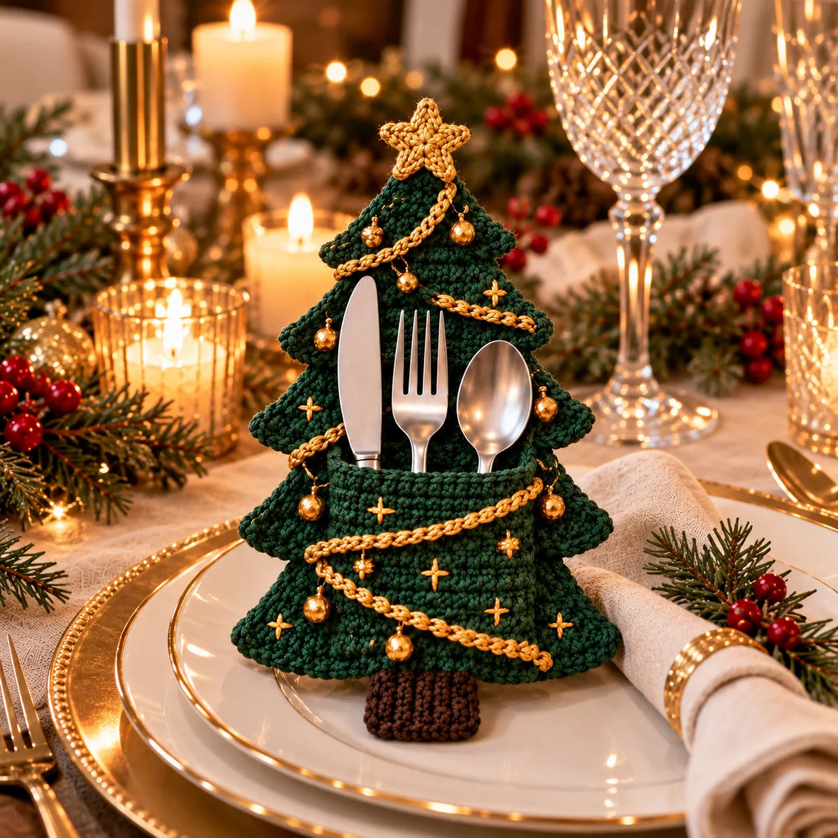 Crochet Christmas Tree Cutlery Holder Pattern Set - 4 Designs