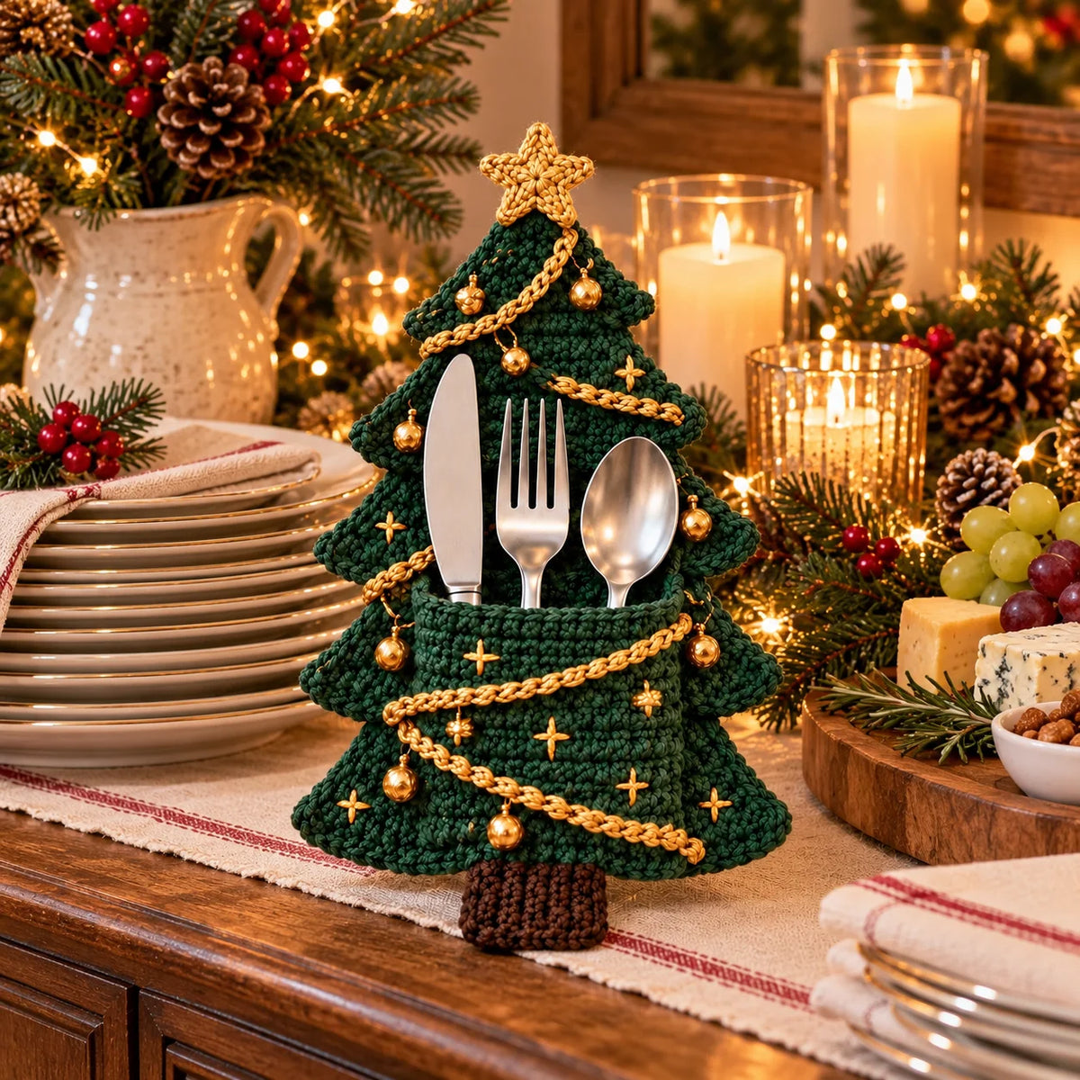Crochet Christmas Tree Cutlery Holder Pattern Set - 4 Designs