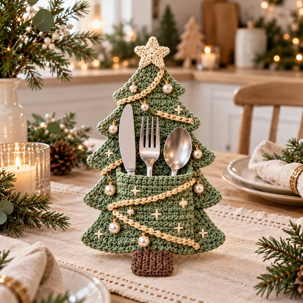 Crochet Christmas Tree Cutlery Holder Pattern Set - 4 Designs
