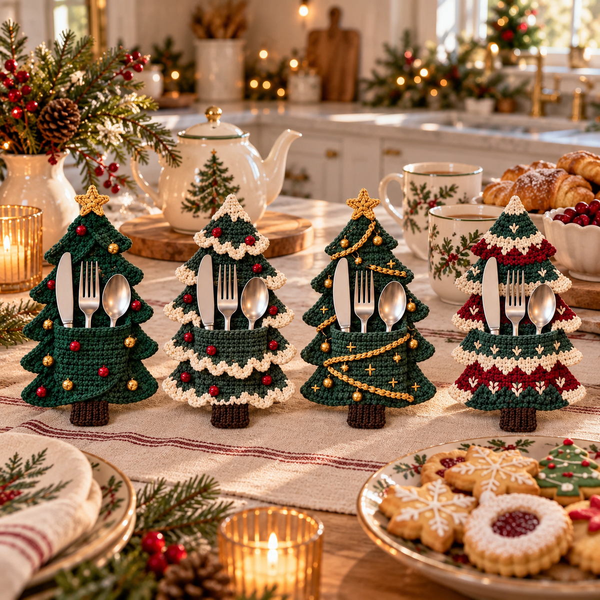 Crochet Christmas Tree Cutlery Holder Pattern Set - 4 Designs