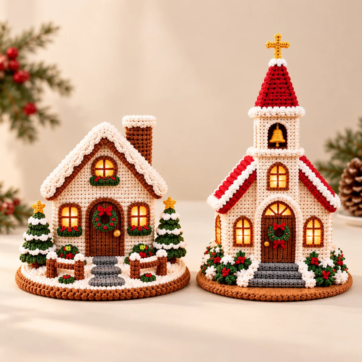 Crochet Christmas Village Pattern Set - House, Church & Trees