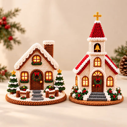 Crochet Christmas Village Pattern Set - House, Church & Trees