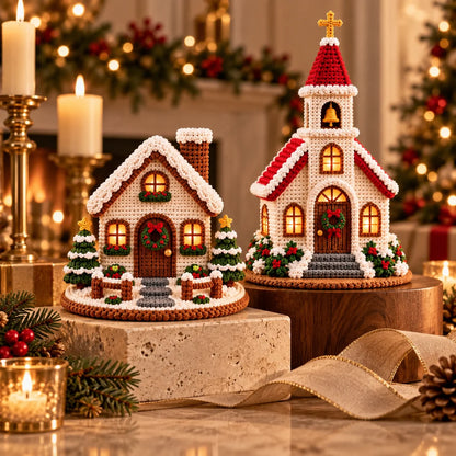 Crochet Christmas Village Pattern Set - House, Church & Trees