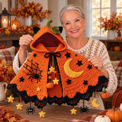 Pumpkin Moon Crochet Cape Pattern – Kids Halloween Hooded Cape