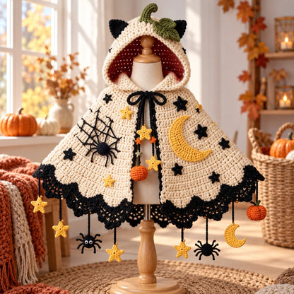 Pumpkin Moon Crochet Cape Pattern – Kids Halloween Hooded Cape