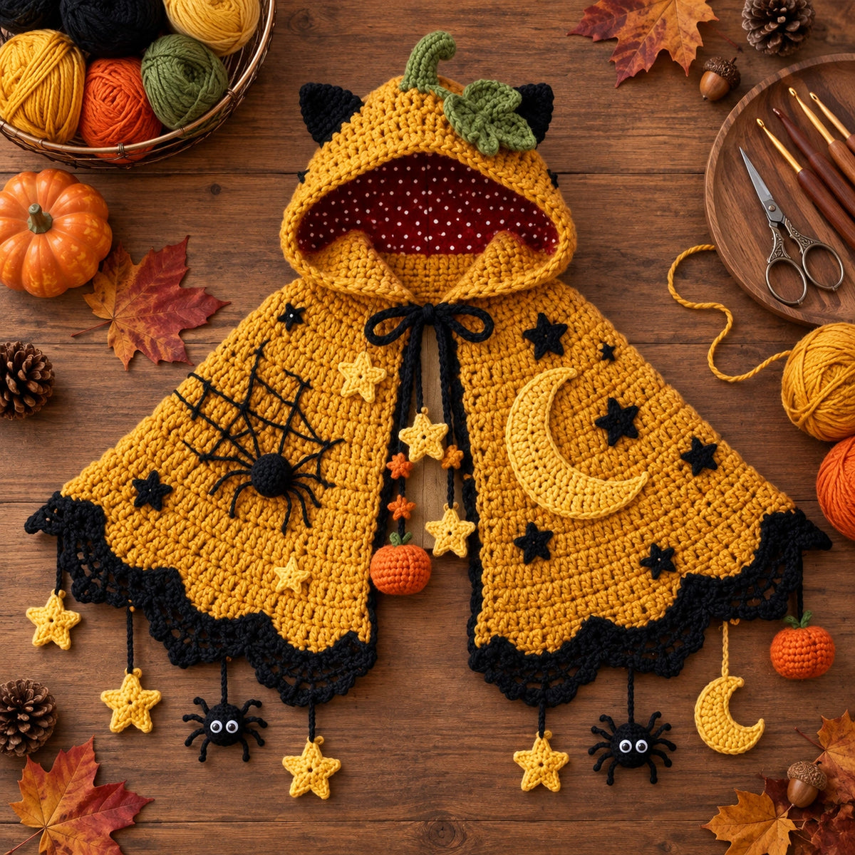 Pumpkin Moon Crochet Cape Pattern – Kids Halloween Hooded Cape