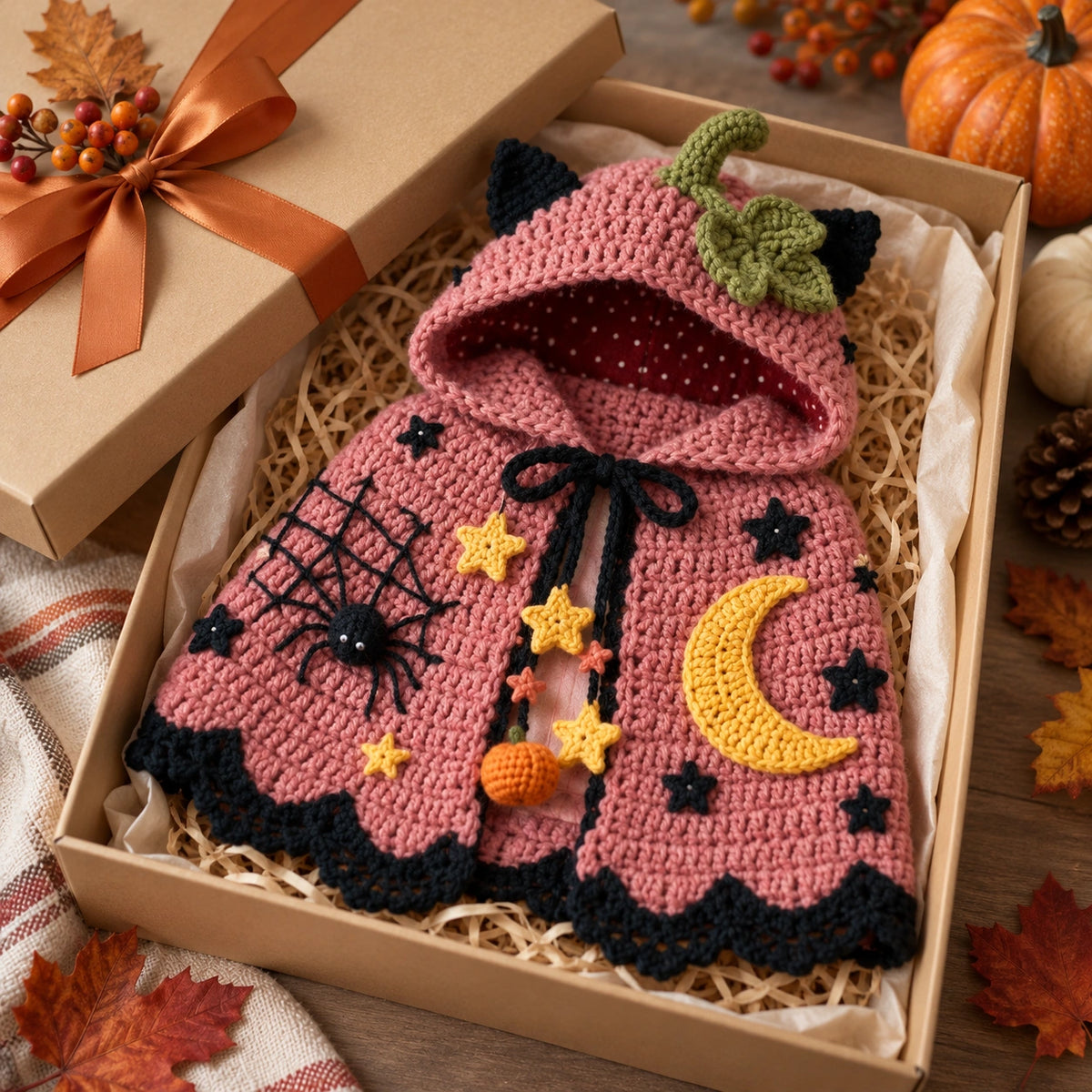 Pumpkin Moon Crochet Cape Pattern – Kids Halloween Hooded Cape