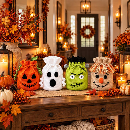 Crochet Halloween Treat Bag Pattern Set – 4 Spooky Designs