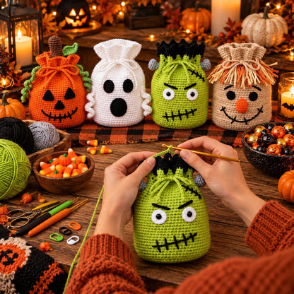Crochet Halloween Treat Bag Pattern Set – 4 Spooky Designs