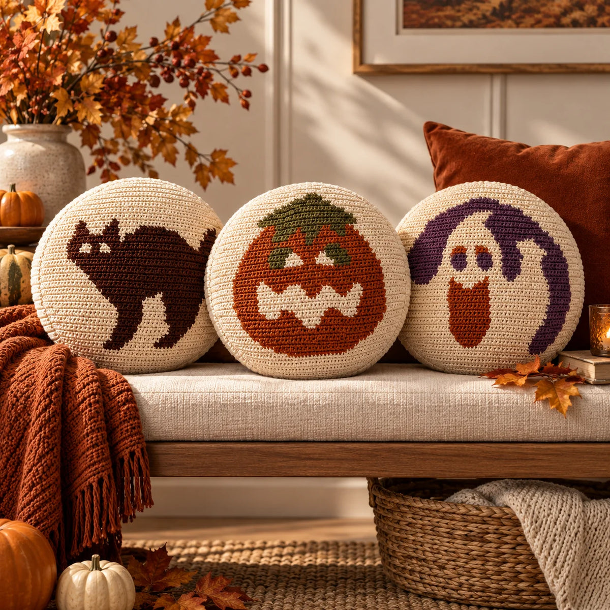 Halloween Crochet Pillow Pattern Set – Cat, Pumpkin & Ghost